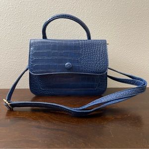 Blue faux leather croc embossed mini bag with matching wallet